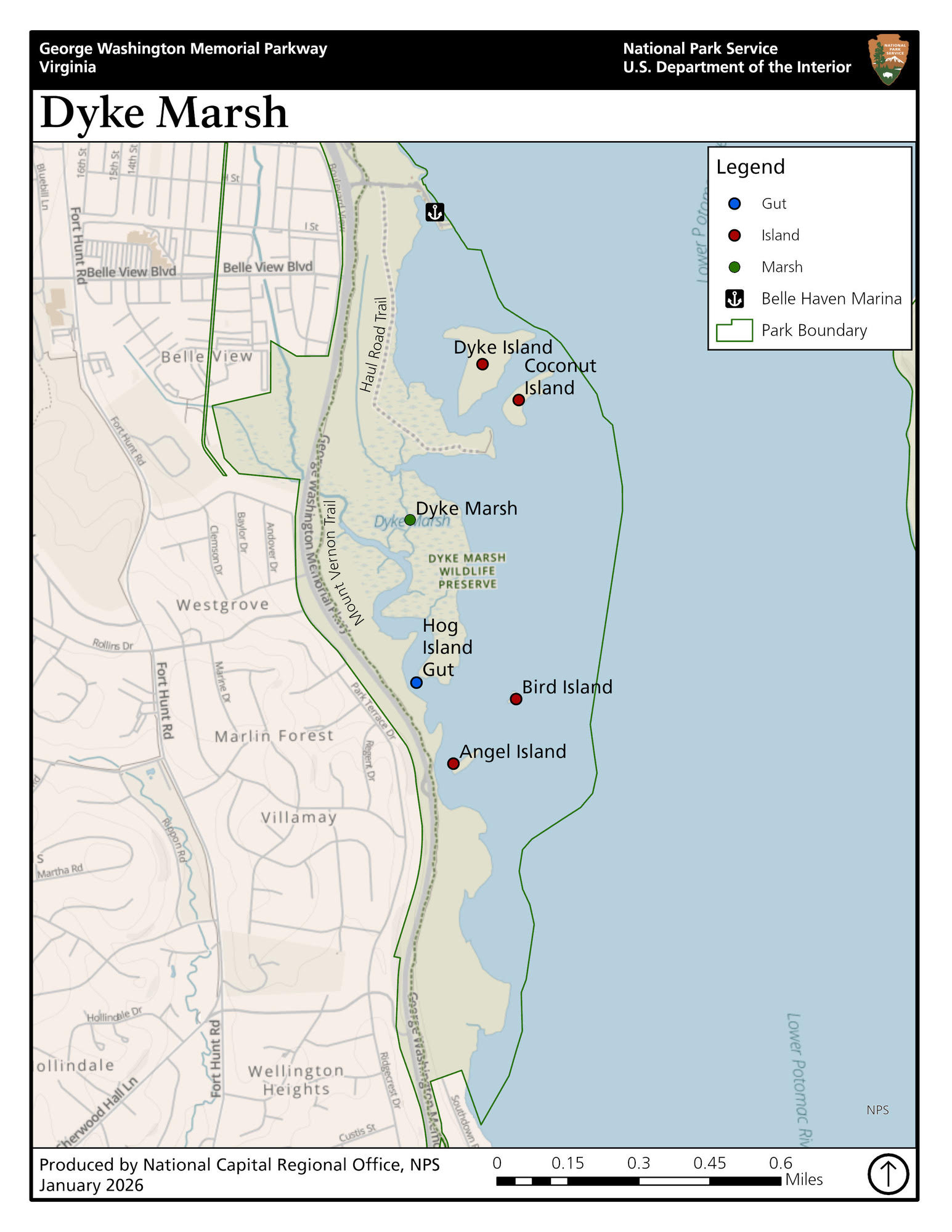 Map from the National Park Service that identifies structures in Dyke Marsh that have official names.