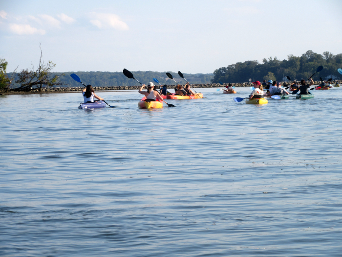 [Photo]  Students paddling around sills and breakwater