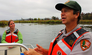 COE and NPS officials toured Dyke Marsh by boat. Photo: Corps of Engineers, Baltimore District.
